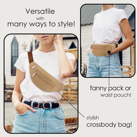 Women Men Khaki Large Crossbody Fanny Pack Belt Bag Hands-Free Waist Pack - Picture 2 of 7